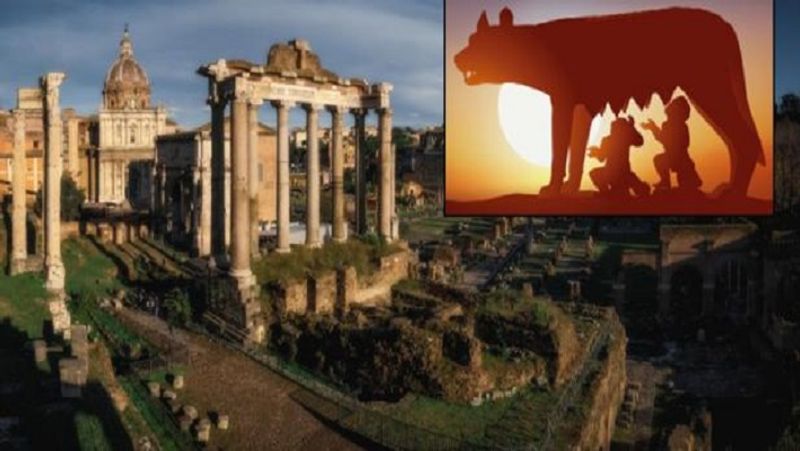 महान रोमन साम्राज्य के भग्नावशेष। चित्र देख कर ही इन महलों की भव्यता का अंदाज लगाया जा सकता है। इनसेट में मादा भेड़िया की मूर्ति। रोमुलुस और उसका जुड़वां भाई रेमुस भेड़िया का दूध पी रहे हैं।