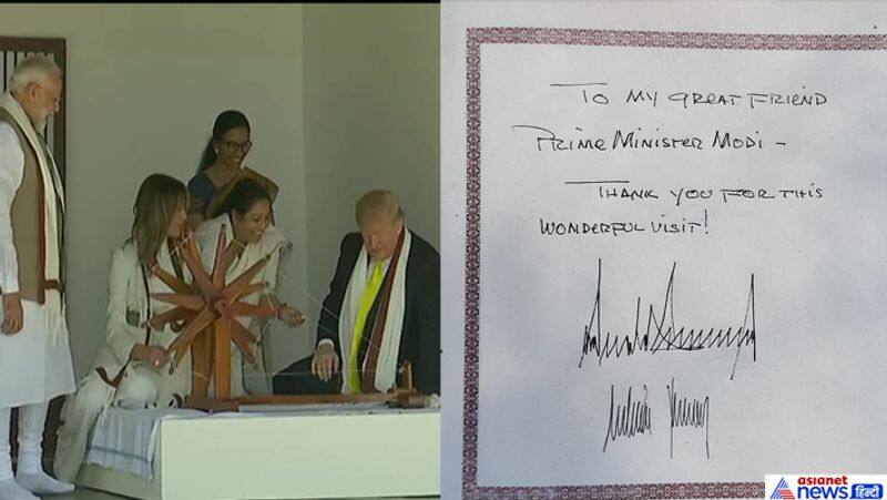 Trump signs in visitors book at Sabarmati ashram