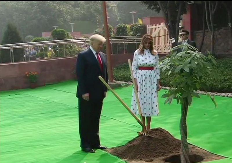 राजघाट पर वृक्षारोपण करते अमेरिकी राष्ट्रपति डोनाल्ड ट्रंप और मेलानिया ट्रंप।