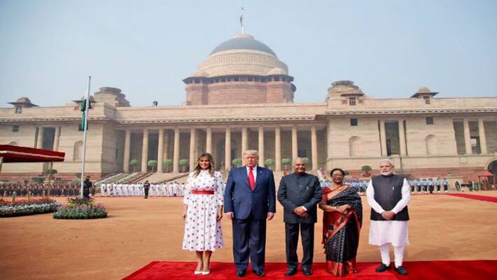 US President Donald Trump accorded tri-services guard of honour at Rashtrapati Bhavan. US President Donald Trump accorded tri-services guard of honour at Rashtrapati Bhavan.