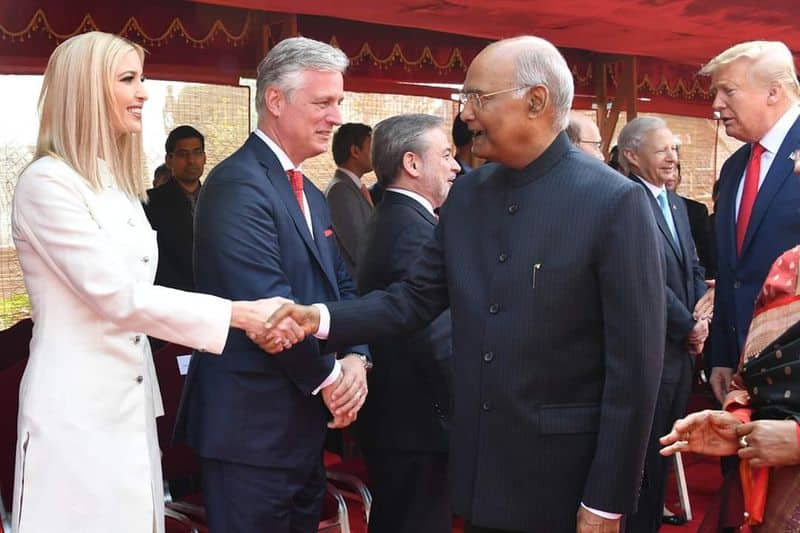 Ivaka arrived at the ceremonial reception in an off-white buttoned knee-length coat. She wore matching trousers and silver metallic heels. Just like her Ahmedabad look, Ivanka kept her hair rod straight with a middle partition.