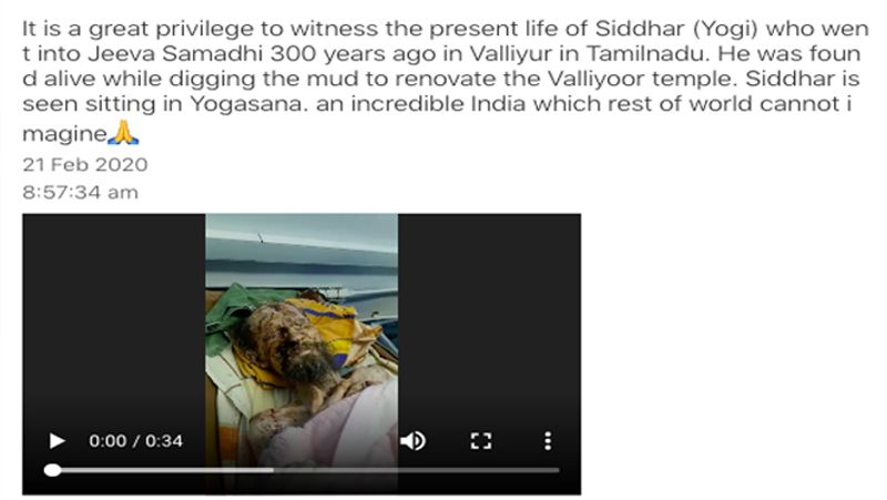 हम आपको बता दें कि ये दावा सच नहीं है। सोशल मीडिया पर वीडियो के साथ लिखा नजर आया कि तमिलनाडु के वल्लियूर में एक मंदिर की खुदाई के दौरान योगी सिद्धार्थ को जिंदा बाहर निकाला गया।