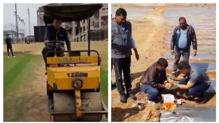 MS Dhoni steers pitch roller at stadium in Ranchi MS Dhoni steers pitch roller at stadium in Ranchi