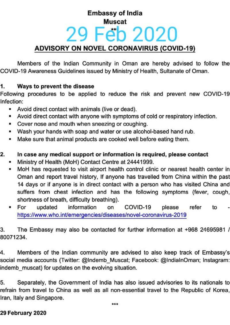 muscat indian embassy issues advisory for indians in oman on coronavirus