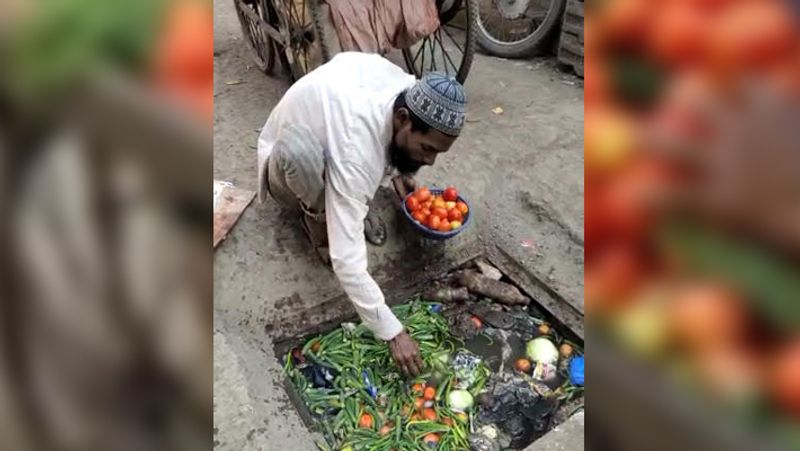 Shocking photos of vegetable vendor selling tomatoes and peas washed in dirty drainage water kph