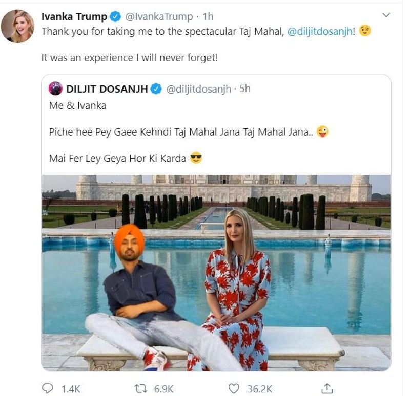 ivanka trump replied on DILJIT DOSANJH tweet on her funny memes of india tour KPP