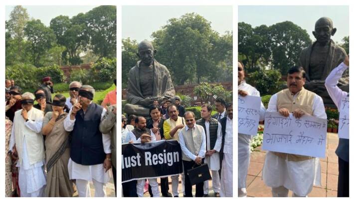 Trinamool Congress (TMC) protest in front of Gandhi statue inside the Parliament premise Trinamool Congress (TMC) protest in front of Gandhi statue inside the Parliament premise