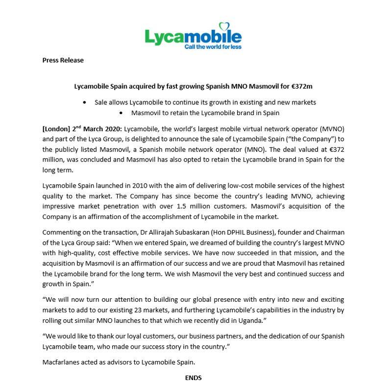 lyca mobile spain acquired by fast growing mno masmovil