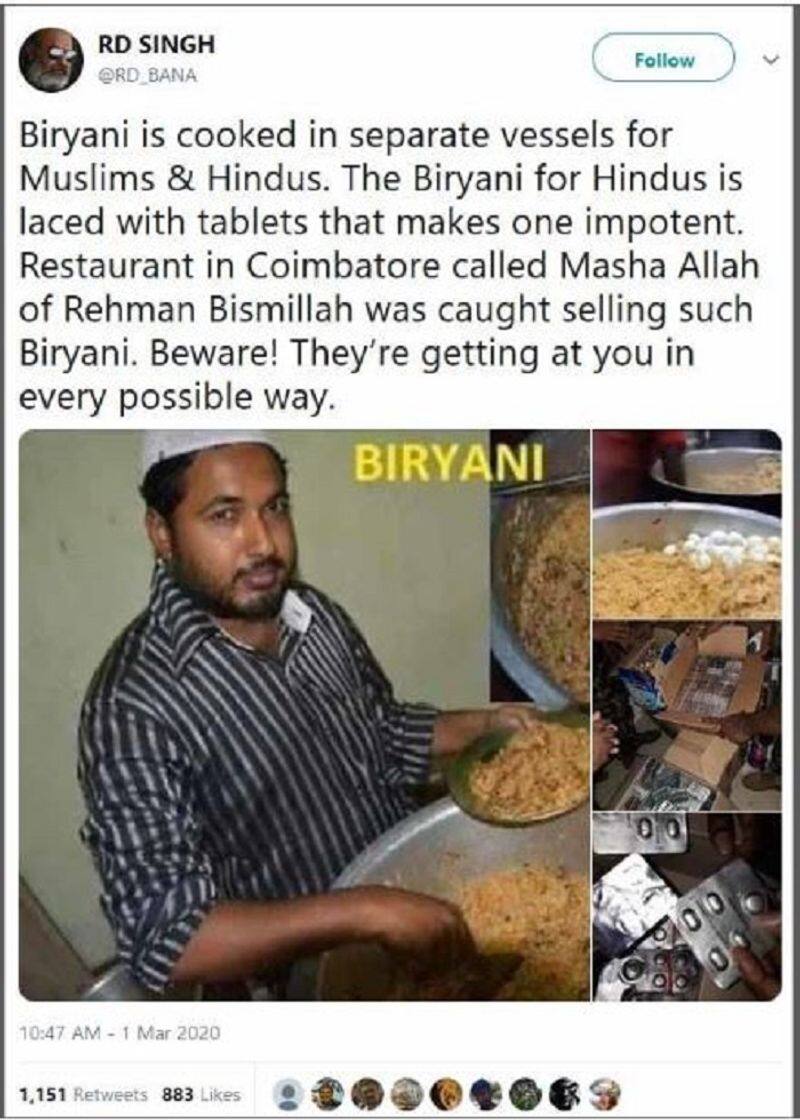 Fact check of Coimbatore Restaurant Serving Biriyani to make Hindus Impotent