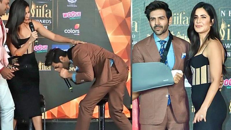 कार्तिक आर्यन जैसे ही कैटरीना के कदमों में झुके तो उन्होंने पीठ पर हाथ रखकर आशीर्वाद दिया।