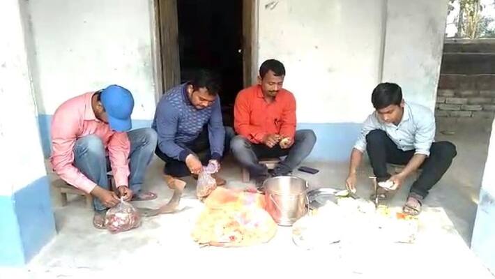 Cooks are on leave, so teachers are making mid day meal for students Cooks are on leave, so teachers are making mid day meal for students