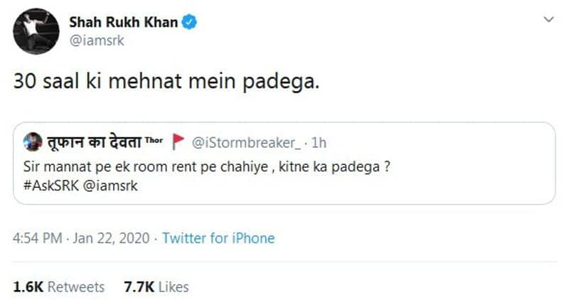 It did not take SRK too much time to respond to him with a witty answer.