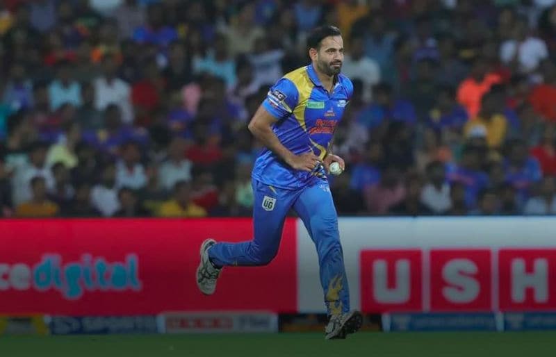 Irfan runs in to bowl. He had figures of 1/31 in four overs