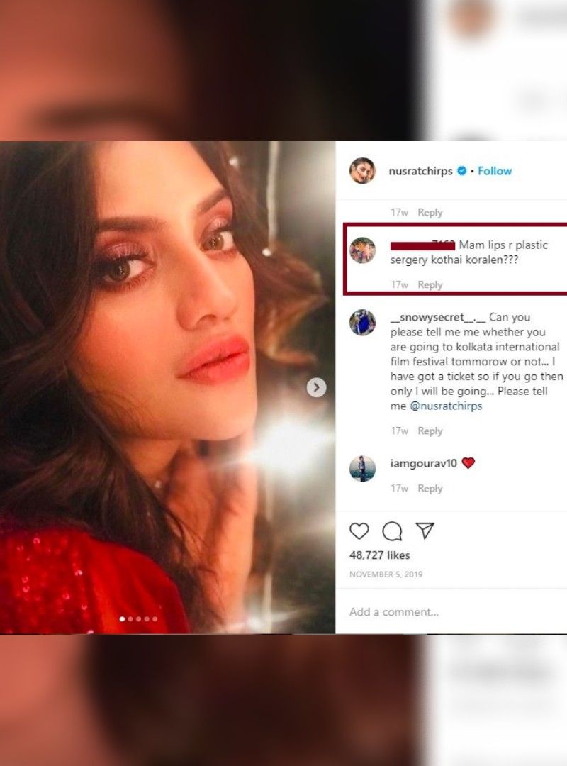 অনেকে এও লিখেছে, যে এভাবে যার তার কাছে গিয়ে ঠোঁটের সার্জারি করানো উচিত নয়। নুসরতকে আগে যতটা দেখতে সুন্দর লাগত এখন নাকি সেই সৌন্দর্য্য প্লাস্টিক বিউটির কাছে হারিয়ে গিয়েছে।