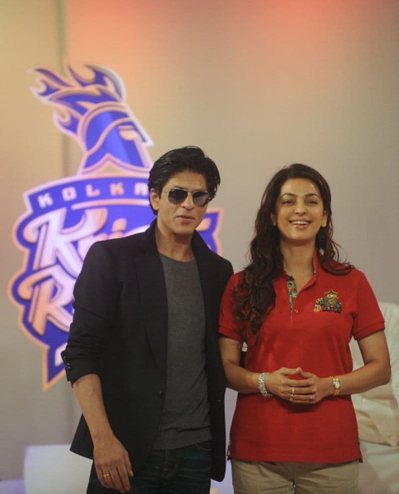 Co-owners of KKR Shah Rukh and Juhi Chawla arrive for the 2nd day of IPL 2018 Player Auction in Bangalore on January 28, 2018