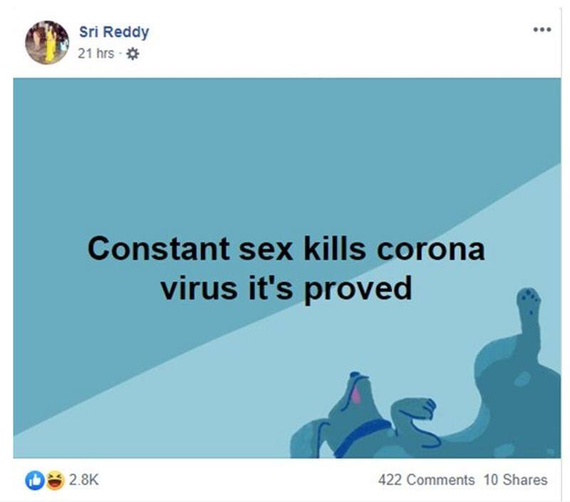 Constant Intercourse Kill Corona Virus Face Book Delect Actress Sri Reddy False Post