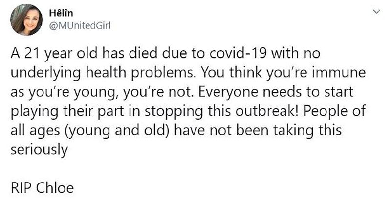 21 year olde girl Chloe die in UK due to coronaVirus kps