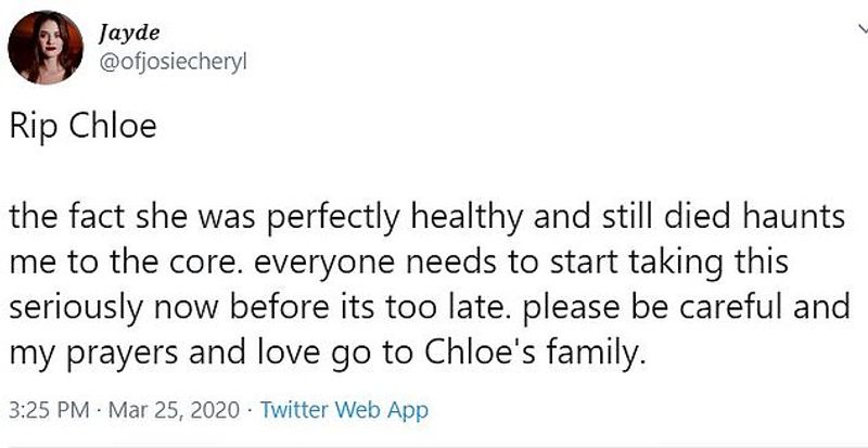 21 year olde girl Chloe die in UK due to coronaVirus kps
