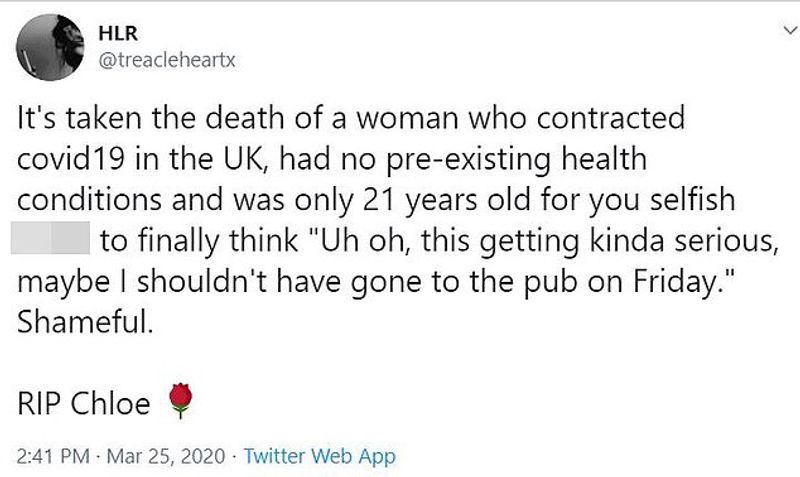 21 year olde girl Chloe die in UK due to coronaVirus kps
