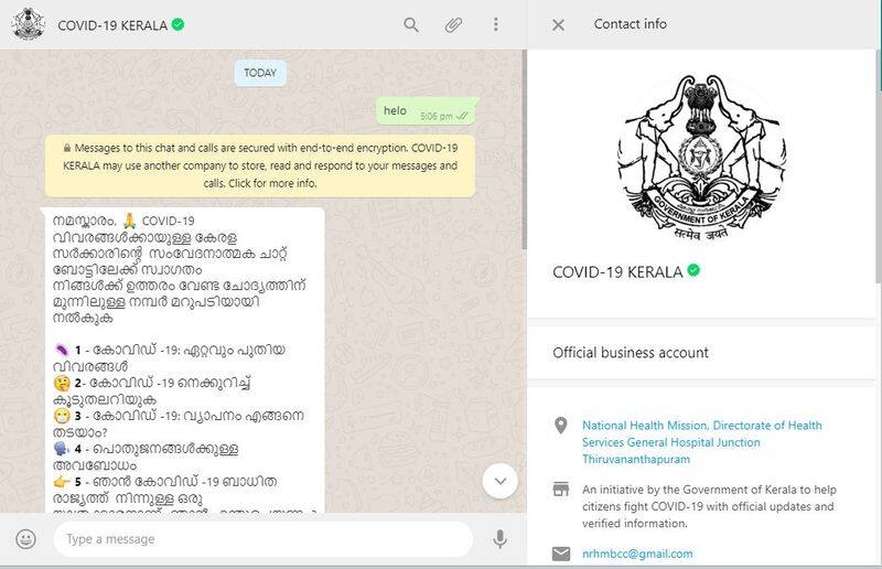 Covid 19 Kerala Health department launched whatsapp chat bot as part of awareness drive