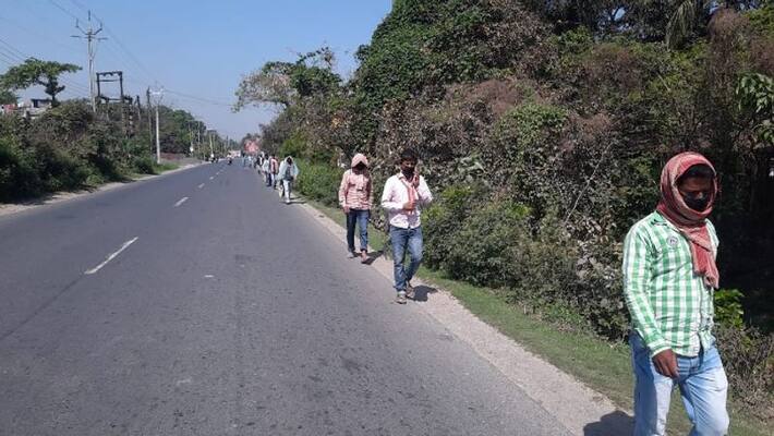 Labours returns home by walking from Bihar to Birbhum Labours returns home by walking from Bihar to Birbhum
