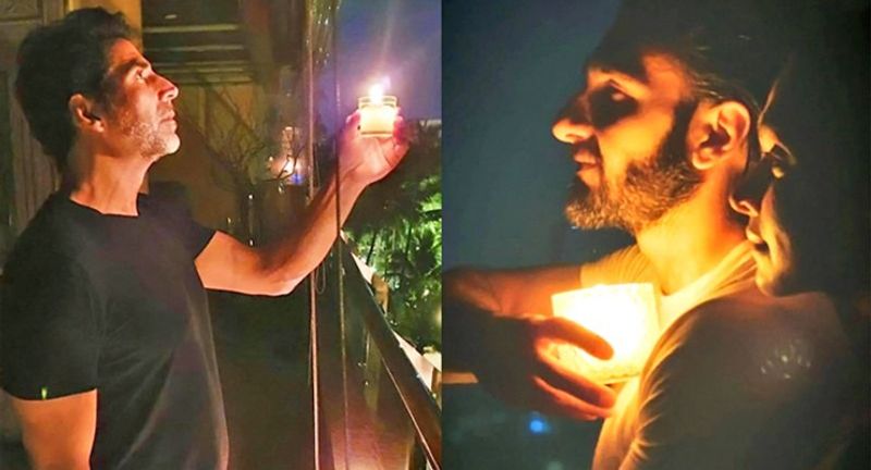 अक्षय कुमार, रणवीर सिंह और दीपिका पादुकोण ने घर की बालकनी में खड़े होकर मोमबत्ती जलाई।