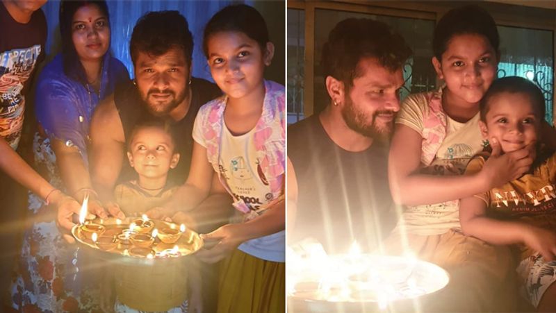 परिवार के साथ दिया जलाते खेसारीलाल यादव।