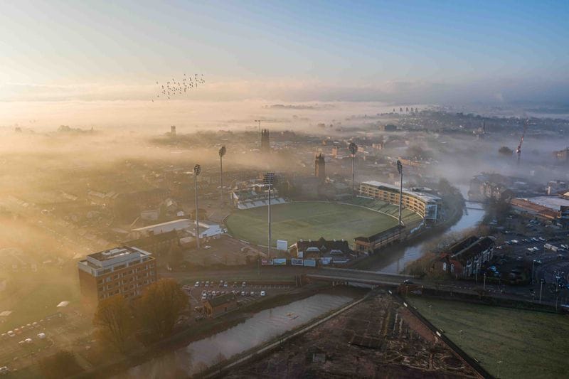 Shortlisted: Kieran Hanlon (Keanu Drone) A misty sunrise over Somerset County Ground. December 30, 2019, Taunton, England.