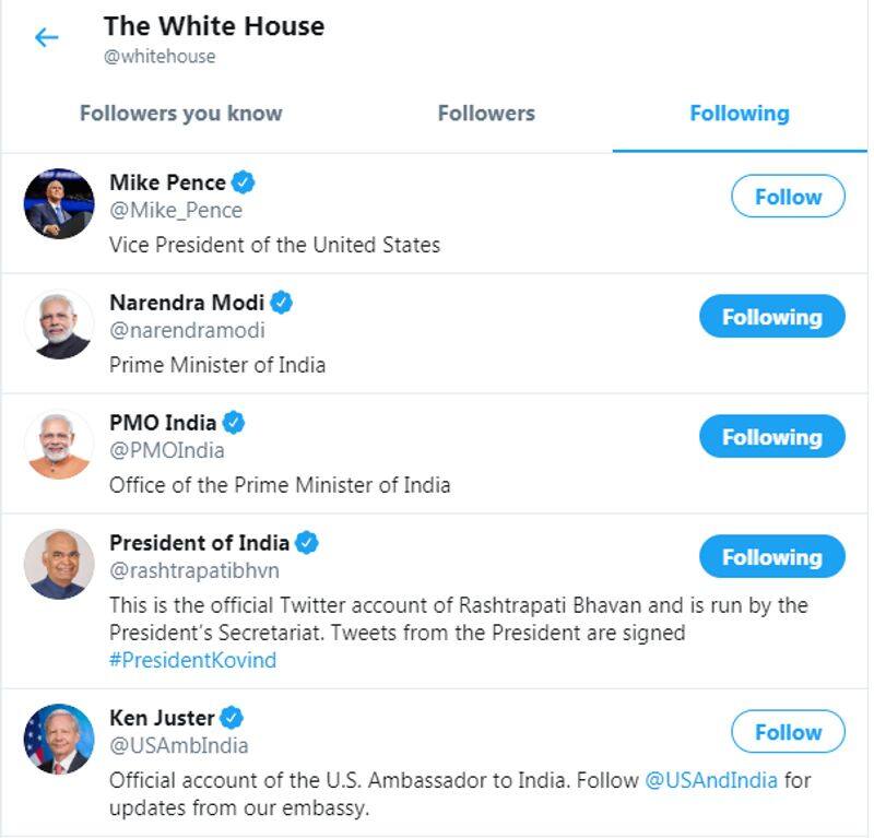 white house following pm modi  in twitter