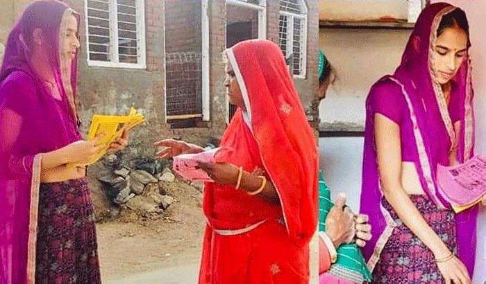 ग्रामीणों को जागरुक करने के लिए पंपलेट वितरित करती हुईं महिला सरपंच
