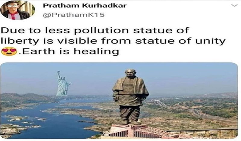 एक शख्स ने सोशल मीडिया पर तस्वीर शेयर की, जिसमें स्टैच्यू ऑफ यूनिटी से स्टैच्यू ऑफ लिबर्टी दिखने का दावा किया गया।