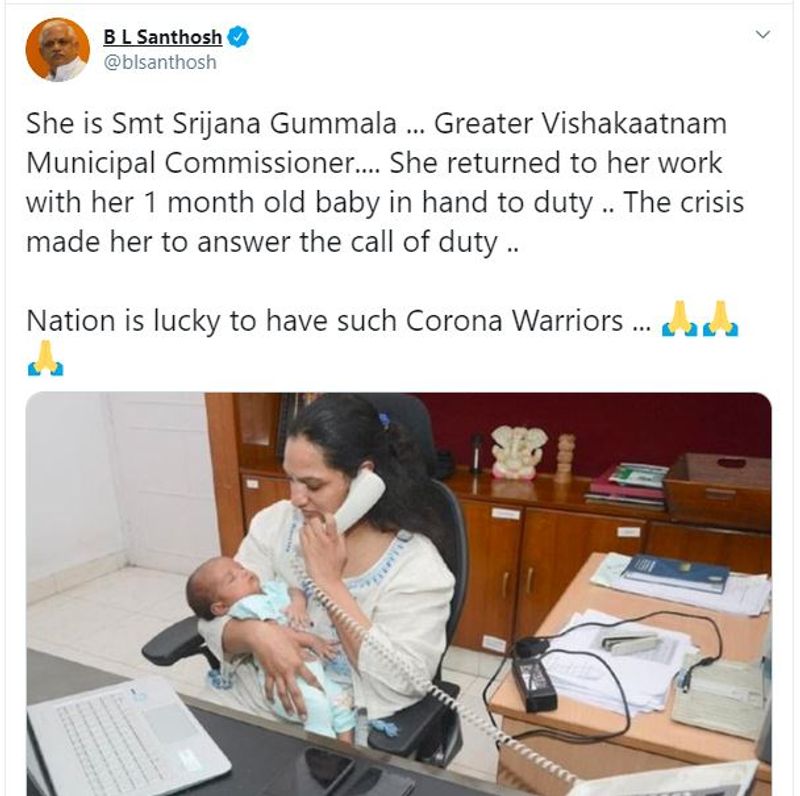 Karnataka BJP leader BL Santhosh took to Twitter to praise Srijana. "Nation is lucky to have such Corona Warriors," he wrote.