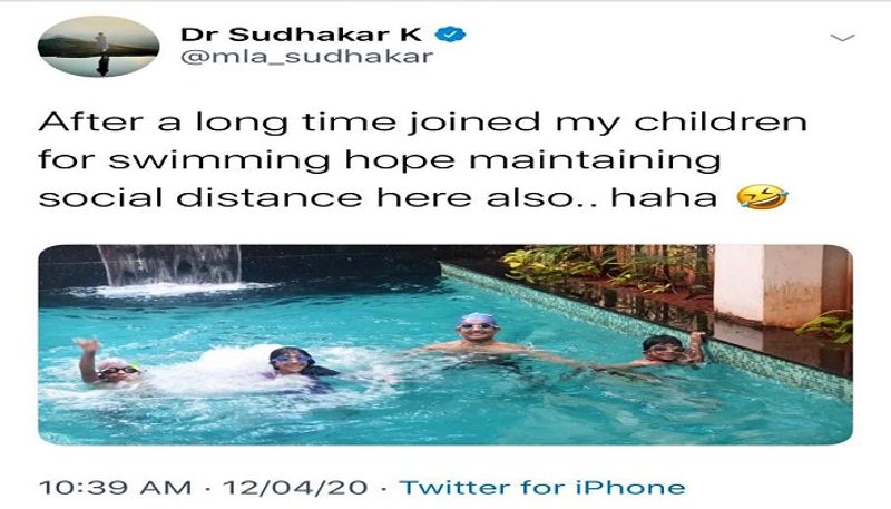 Congress outrage over minister Sudhakar tweet on him enjoying in a pool During Covid 19