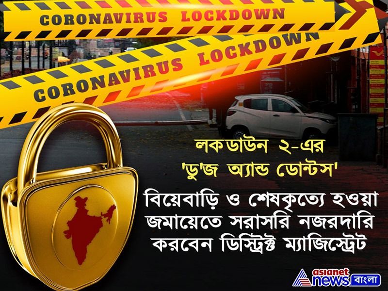 অনেকেই এই পরিস্থিতির মধ্যে আগে থেকে ঠিক করে তারিখে বিয়ে করছেন বা মৃত-র শেষকৃত্য সম্পন্নে অংশ নিচ্ছেন। এতে অংশগ্রহণ যাতে সোশ্যাল ডিস্ট্যান্সিং-কে মাথায় রেখে করা হয় তার জন্য নজর রাখবেন একজন ডিস্ট্রিক্ট ম্য়াজিস্ট্রেট।