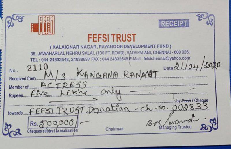 Actress Kanagana Ranaut Helps Fefsi and Thalaivi Film Workers