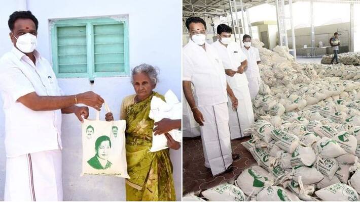 Minister M.R vijaya baskar gives grocery products to karur people Minister M.R vijaya baskar gives grocery products to karur people
