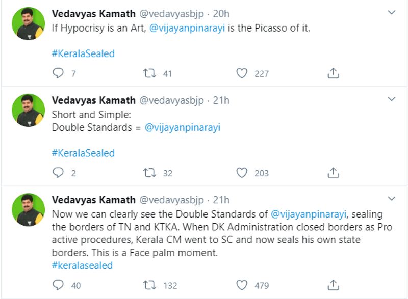 ട്വിറ്ററിലെ പ്രചാരണങ്ങള്'കൊവിഡ് രോഗികളെ ചികിത്സിക്കാന് മംഗലാപുരം അതിര്ത്തി തുറക്കാന് കേരളം ആവശ്യപ്പെട്ടു. ഇതിനായി അവര് സുപ്രീം കോടതിയെ സമീപിച്ചു. ഇപ്പോള് പിണറായി വിജയന് കേരള അതിര്ത്തികള് അടച്ചിരിക്കുന്നു' എന്നാണ് ഒരു ട്വീറ്റില് പറയുന്നത്.