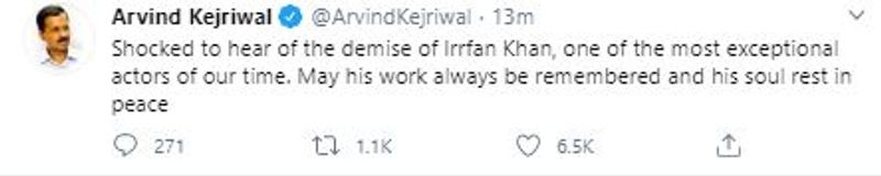 दिल्ली के सीएम अरविंद केजरीवाल ने अभिनेता इरफान खान के निधन पर दुख जताया। 