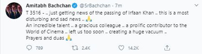अभिनेता अमिताभ बच्चन ने इरफान खान के निधन की खबर को परेशान करने वाला और दुखद बताया है। ।उन्होंने भी इरफान खान को श्रद्धांजलि दी है। 