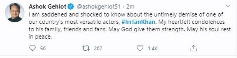 अभिनेता इरफान खान के निधन की खबर सुनने के बाद राजस्थान के सीएम अशोक गहलोत ने भी दुख जताया है। 