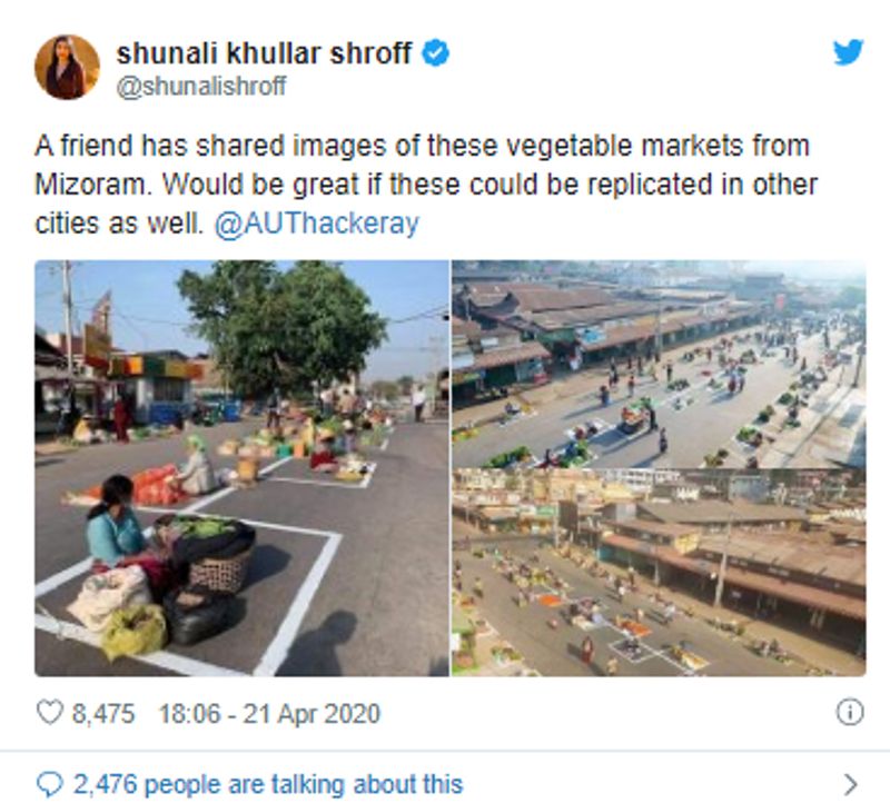 क्या दावा किया जा रहा है?
मशहूर लेखिका सोनाली खुल्लर श्रॉफ़ ने ये तस्वीरें ट्वीट की हैं. श्रॉफ ने ट्वीट करते हुए लिखा, एक दोस्त ने मुझे मिज़ोरम के इस मार्केट की तस्वीरें भेजी हैं। अगर बाकी के शहरों में भी ऐसा ही किया जाए तो बढ़िया है। @AUThackeray)” आर्टिकल लिखे जाने तक उनके ट्वीट को 8,400 बार लाइक और 2,200 रीट्वीट किया जा चुका है।
