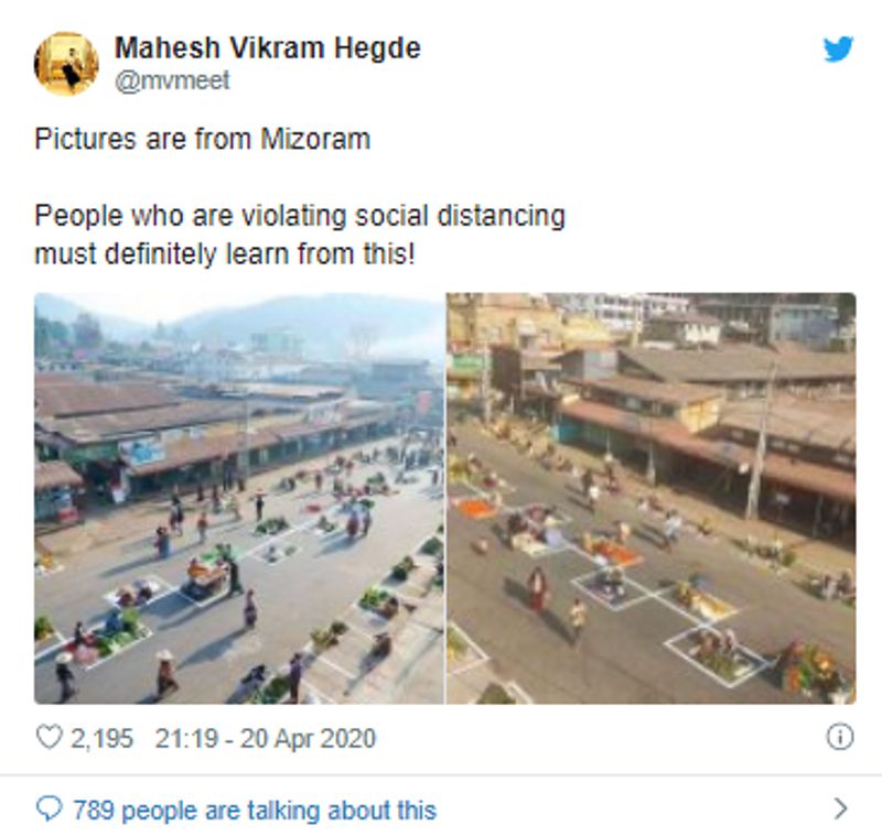 वायरल पोस्ट क्या है?
फ़ेक न्यूज़ फैलाने वाली वेबसाइट पोस्टकार्ड न्यूज़ के संस्थापक महेश विक्रम हेगड़े ने ये तस्वीरें ट्वीट करते हुए लिखा, मिज़ोरम की तस्वीरें। वो लोग जो सोशल डिस्टेन्सिंग का पालन नहीं कर रहे हैं उन्हें इनसे कुछ सीखना चाहिए।” हेगड़े के ट्वीट को आर्टिकल लिखे जाने तक 2,100 बार रीट्वीट किया जा चुका है। पहले भी कई बार महेश विक्रम हेगड़े को भ्रामक जानकारियां फैलाते हुए पाया गया है।
