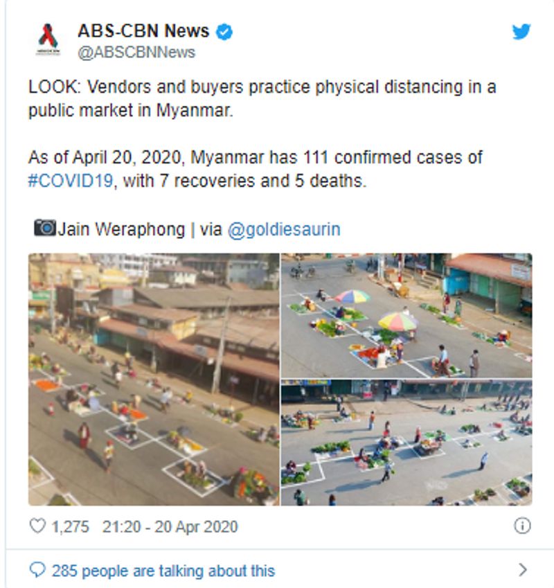 मीडिया कंपनी ‘ABS-CBN’ ने भी 20 अप्रैल को ट्विटर पर इन तस्वीरों को म्यांमार की बताते हुए शेयर किया है। आर्टिकल में बताया गया है कि कैसे म्यांमार के लोग कोरोना वायरस के संक्रमण के चलते सोशल डिस्टेंसिंग का पालन कर रहे हैं।