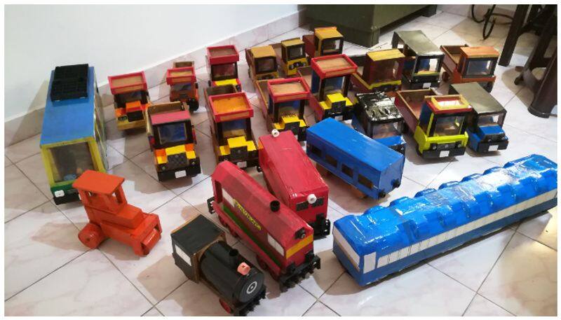 retired teacher from kottayam makes toy vehicles using wood and waste materials