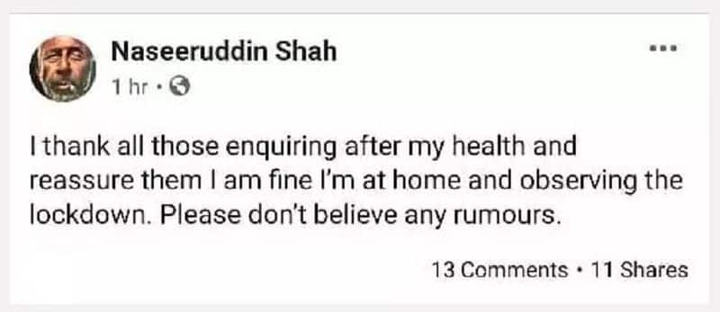 Bollywood Naseeruddin Shah hospitalised Son vivan clarifies Fake news