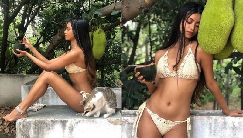 In the pictures, apart from her dazzling pose with watermelon, the actress is seen sharing the fruit with a cat.