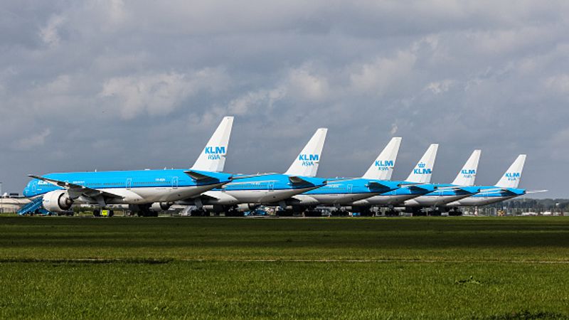 KLM planes are seen lined up at Schiphol International Airport amid the coronavirus outbreak