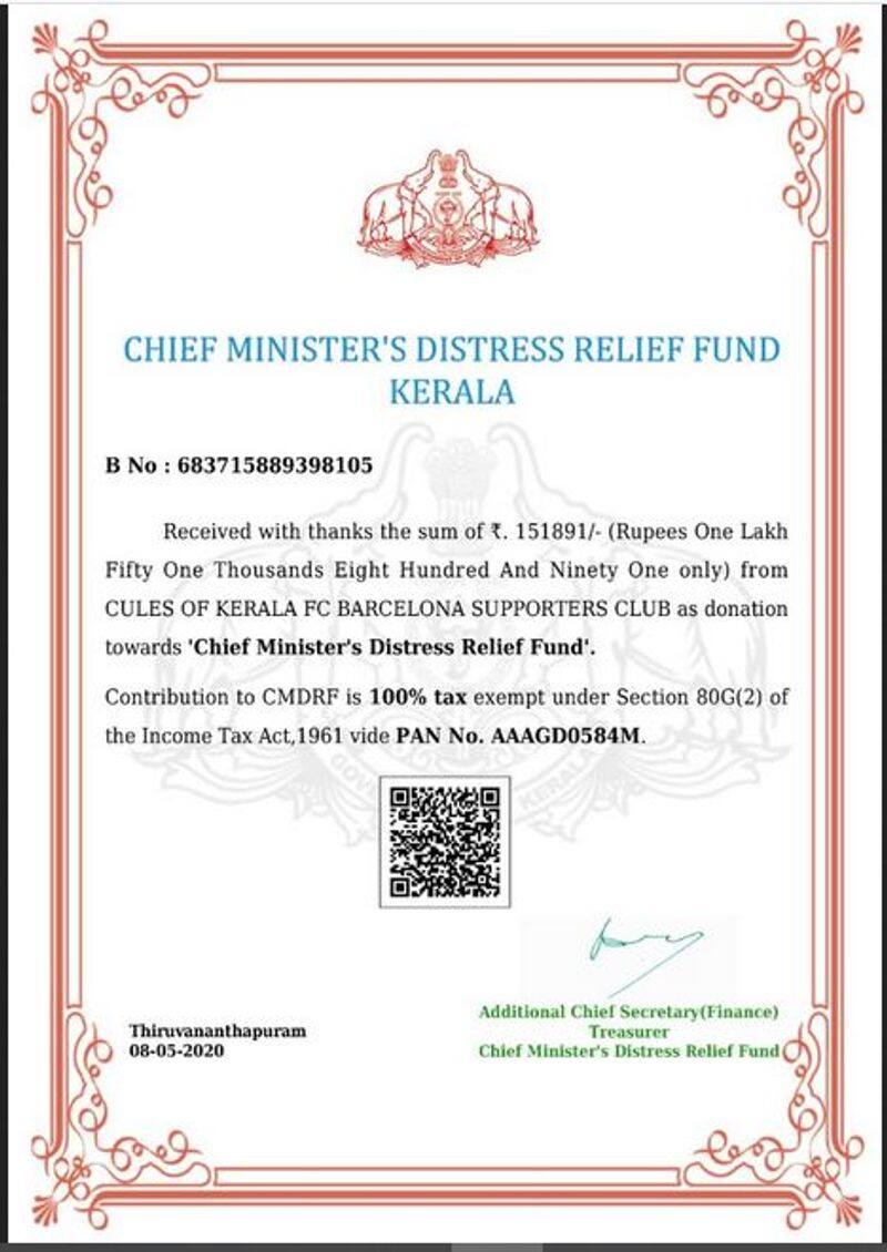 Covid 19: Barcelona fans of Kerala donates 1.5 Lakh Rupees to CMDRF