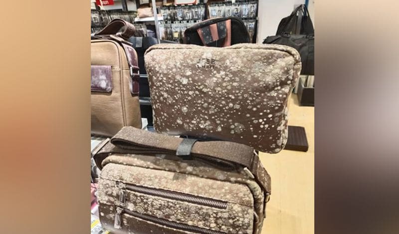 In the images, which have been shared over 44,000 times on social media, leather products on display including shoes, bags and belts can be seen covered in mould.