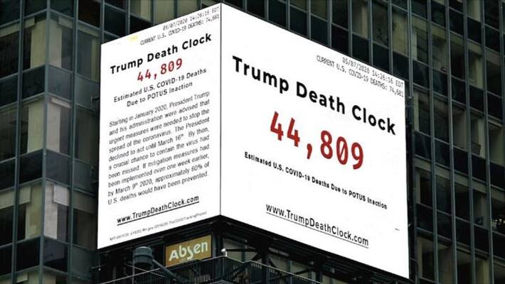 Trump Death Clock at Times Square shows COVID-19 fatalities which could have been avoided Trump Death Clock at Times Square shows COVID-19 fatalities which could have been avoided
